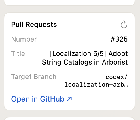 Arborist showing a GitHub pull request for the selected branch