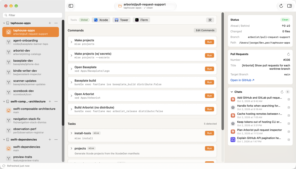 Arborist showing a repository's worktrees, commands, tasks, pull request, and chats