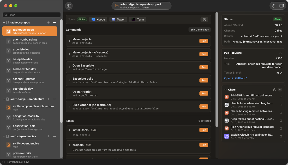 Arborist in dark mode showing a repository's worktrees, commands, tasks, pull request, and chats