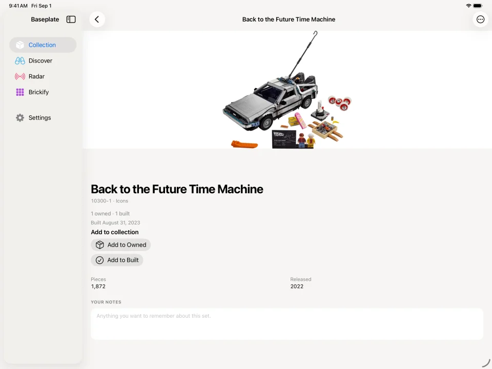 Baseplate on iPad showing the Back to the Future Time Machine, its piece count, collection status, and notes