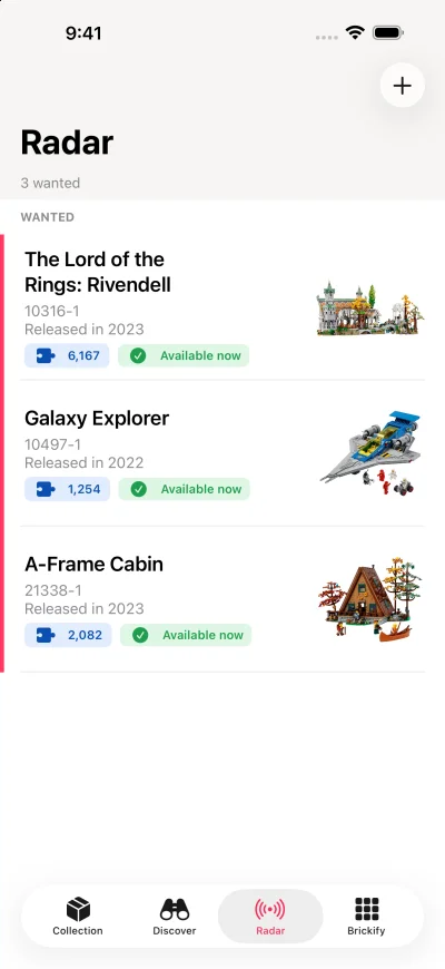 The new Radar tab on iPhone with a wishlist including Rivendell, Galaxy Explorer, and A-Frame Cabin