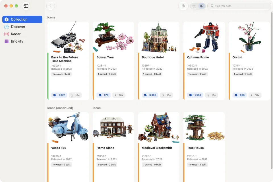 Baseplate on Mac displaying a collection of LEGO sets with owned and built counts
