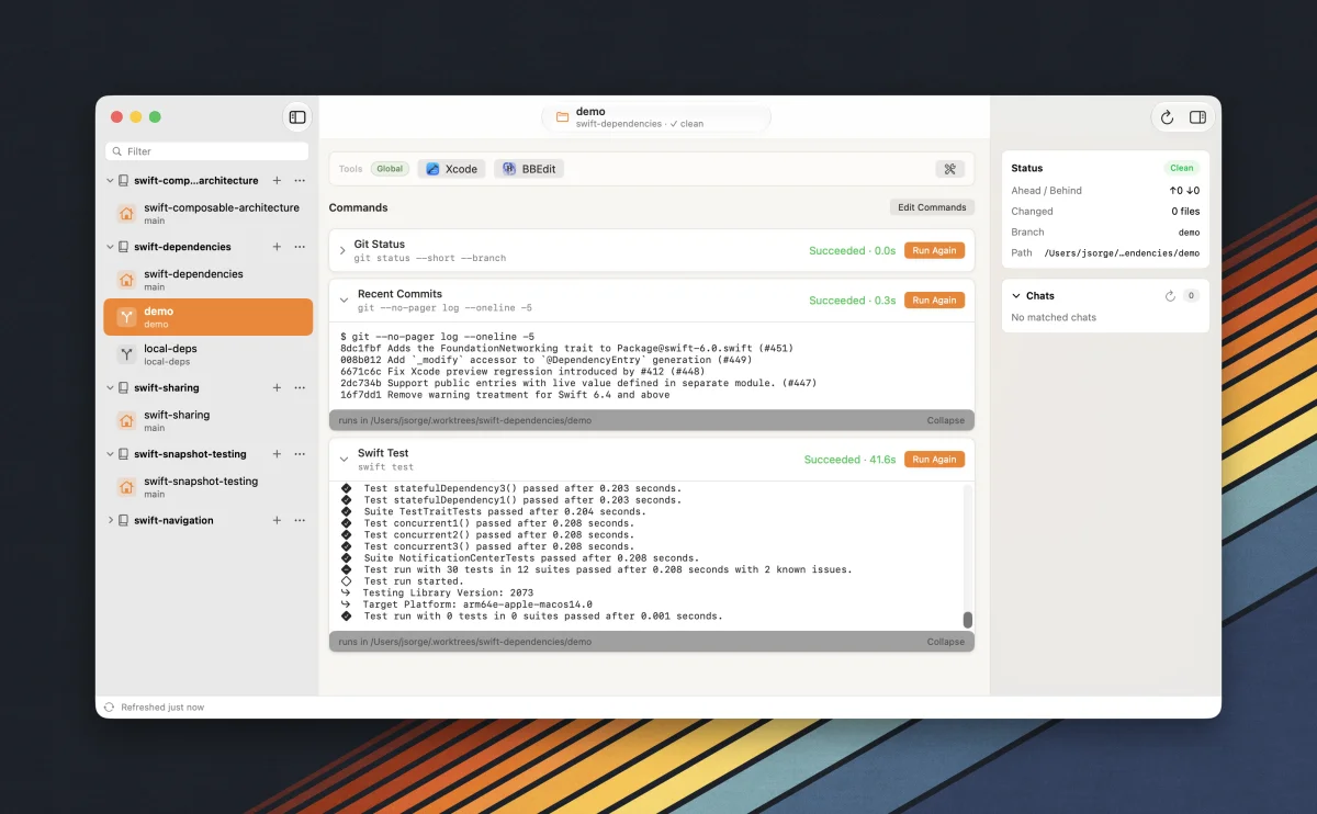 Arborist v1.0 showing repositories, worktrees, commands, tools, and chat history