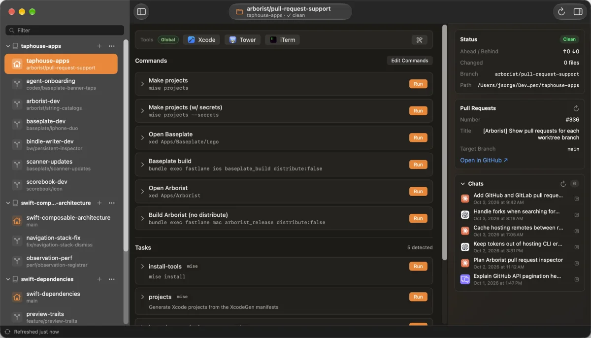 Arborist v1.3 in dark mode showing repositories, worktrees, commands, tasks, a pull request, and chat history